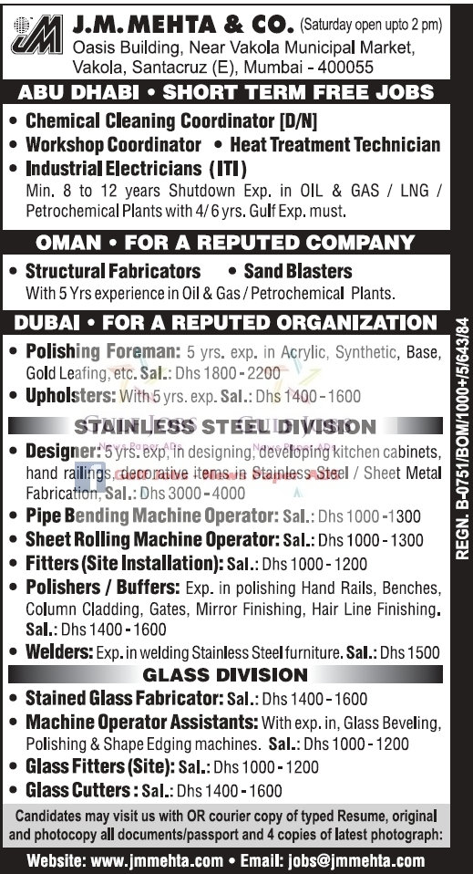 Abudhabi, OMan & Dubai reputed co Job Vacancies