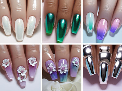 Trending summer nail art 2025 – jelly nails, chrome nails, aura nails, and glossy 3D gel designs.