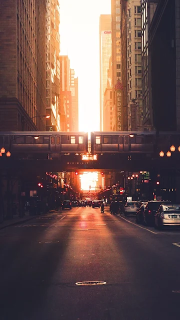 City, Cars, Road, Buildings, Train, Street, Sunset