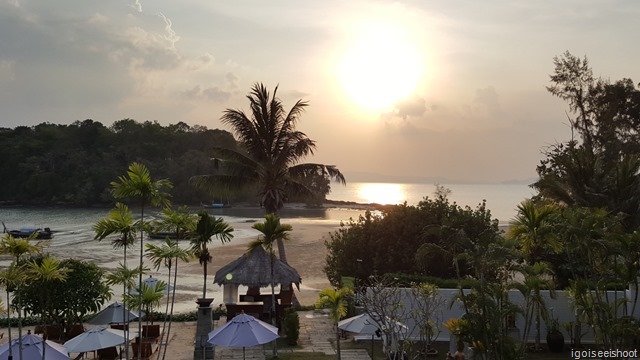 View of the small island and beach from the roof terrace at the Nakamanda resort. One could walk to the island at low tide.