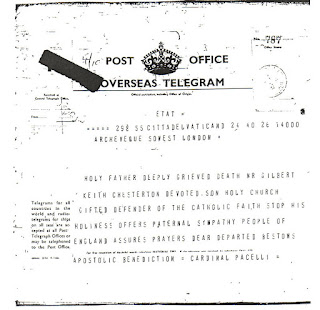 Telegram sent by Cardinal Eugenio Pacelli (the future Pius XII) on behalf of Pope Pius XI to the people of England following the death of Chesterton