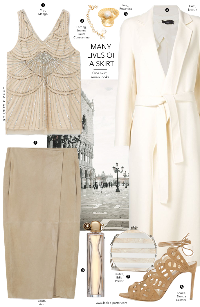 Many ways to style a suede midi skirt via www.look-a-porter.com style & fashion blog / outfit ideas daily / Styling with Mango, Bionda Castana, Romantica, Joseph & more