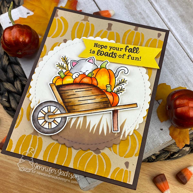 Loads of Fall Fun by Jennifer Jackson | Newton's Harvest Time Stamp Set, Jack-o'-lantern Stencil Set, Circle Frames Die Set and Hills & Grass Stencil by Newton's Nook Designs #newtonsnook #handmade