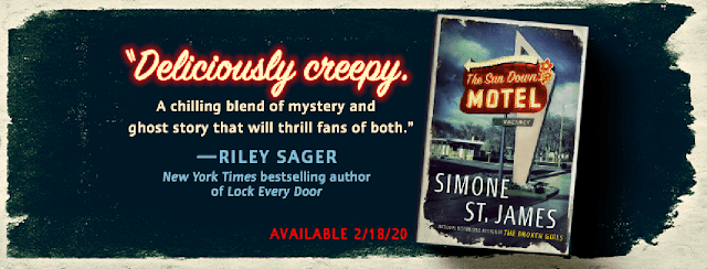 This header image from Simone St. James’s website shows a short cover quote from Riley Sager, “Deliciously creepy. A chilling blend of mystery and ghost story that will thrill fans of both.” The words run alongside the cover of her book The Sun Down Motel.