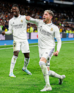 Federico Valverde celebrates goal for Real Madrid with teammate at the Santiago Bernabeu