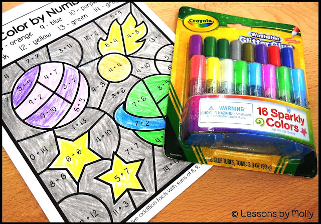 This color by code packet will be a hit with children that love to color.  Plus, they'll use their algebraic abilities to solve the problems!  There are six usable sheets.  Each page targets an addition or subtraction skill.  These include subtracting within 12, subtracting within 20, adding with sums up to 10, adding teen numbers or adding within 20, and determining the sum when three addends are given.  This collection of color by code has a space theme!  Great for summer take-home packets!