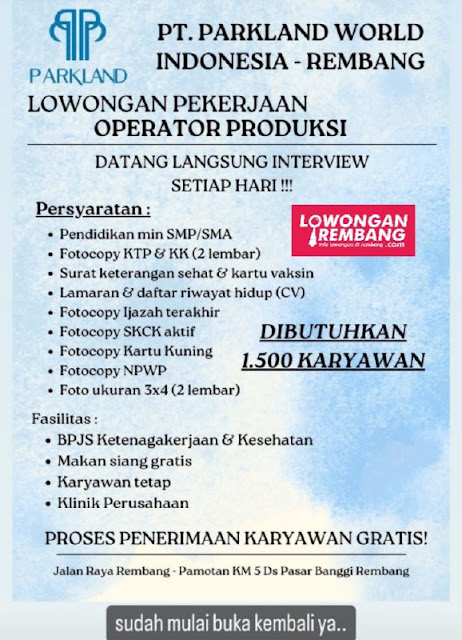 Lowongan Kerja Pegawai Operator Produksi Pabrik Sepatu PT Parkland World Indonesia Rembang