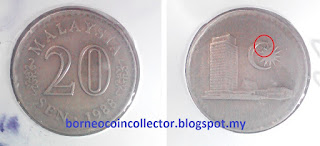 a Malaysian 20 sen Die gouge error and struck through grease, 2 in 1 error coin