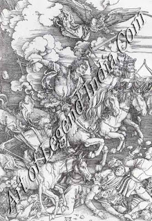 Visions of The Apocalypse (1498), Durer's first masterwork includes this powerful image of doom. The Four Horsemen Death, Famine, Pestilence and War trample everything in their path. 