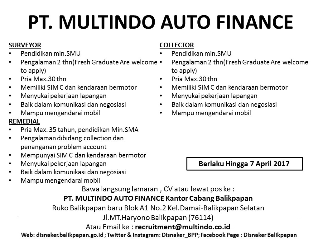 Lowongan PT. MULTINDO AUTO FINANCE - Job Seeker