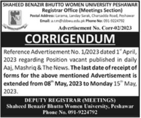 Jobs in Shaheed Benazir Bhutto Women University