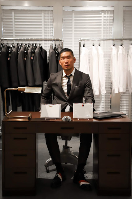 Leo Chan wearing Thom Browne outfit at Barneys Desk | Asian Male Blogger and Model