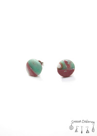 Boucles d'oreilles pâte polymère Mokume Gane Blanc Rose Antique Taupe Vert Feuilles d'Argent Stenna Création