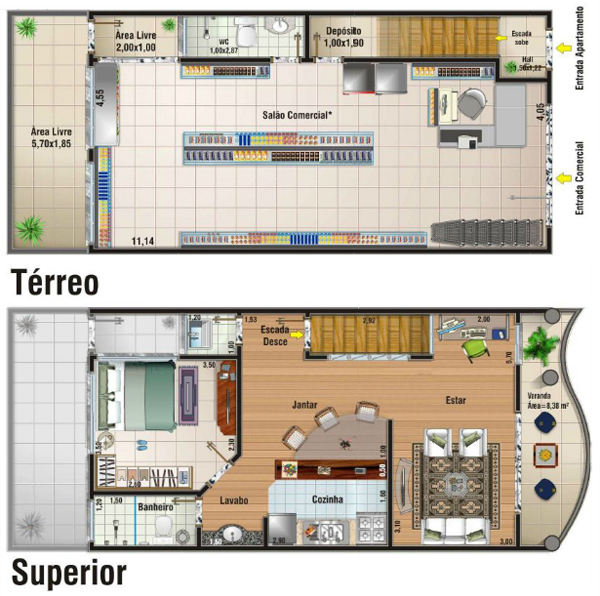 Planta de casa com sala comercial