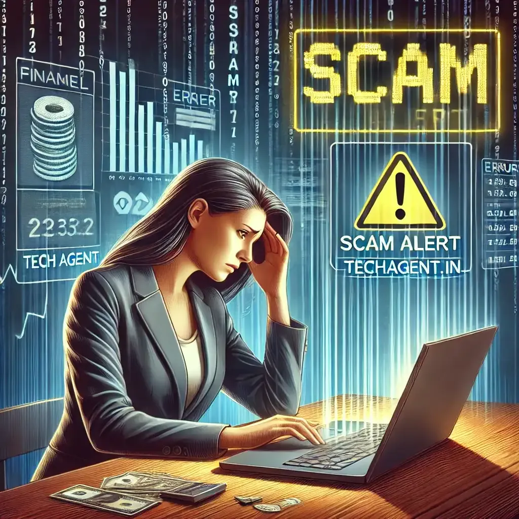"Illustration of a distressed businesswoman sitting at a desk with a laptop showing a 'Scam Alert' warning on the screen. The background features financial data, error notifications, and graphs, highlighting the nature of the digital scam. The text 'techagent.in' is displayed in the bottom corner, adding a subtle branding element."
