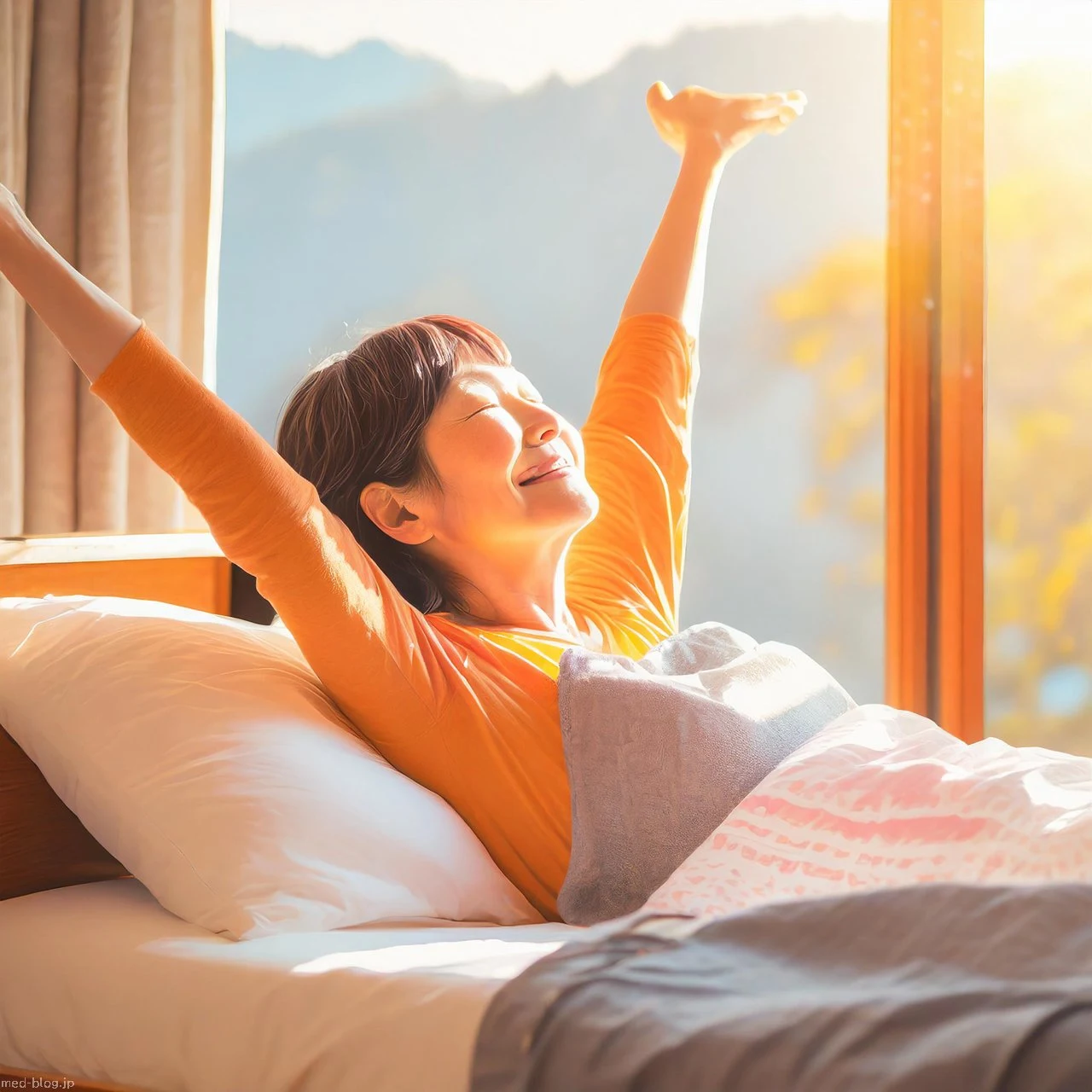 日本人の中年女性が窓から見える新緑の温かな日差しの中で、朝ベットで気持ちよく目覚めて、伸びをしている写真.jpg (1280×1280)