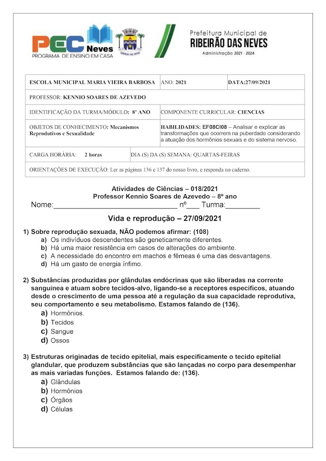 8º ano - 27/09/2021 - Atividades de Ciências - Professor Kennio