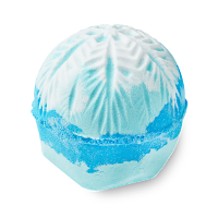 A spherical swirled light blue and white bath bomb on a bright background