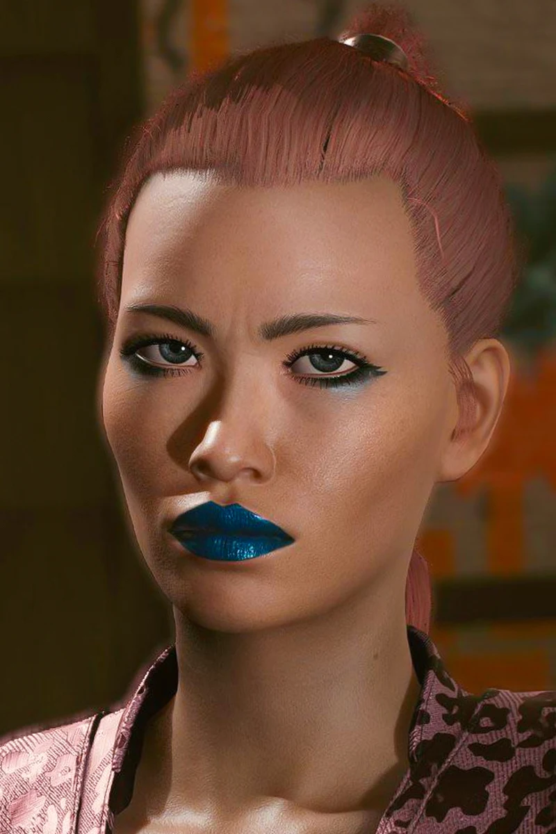 screenshot from the cyberpunk 2077 game featuring Maiko Maeda  npc and her makeup look