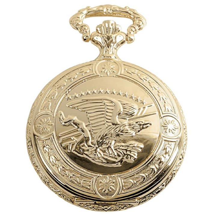 Flying Eagle Luxury Vintage Hunter Pocket Watch with Chain - Hand-Made Hunter Pocket Watch - 18k Gold Finish - Engraved Flying Eagle Design - White Dial with Black Roman Numerals