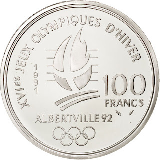 Coins of France 100 Francs Silver Coin 1991 Ice hockey 1992 Albertville Olympic Winter Games