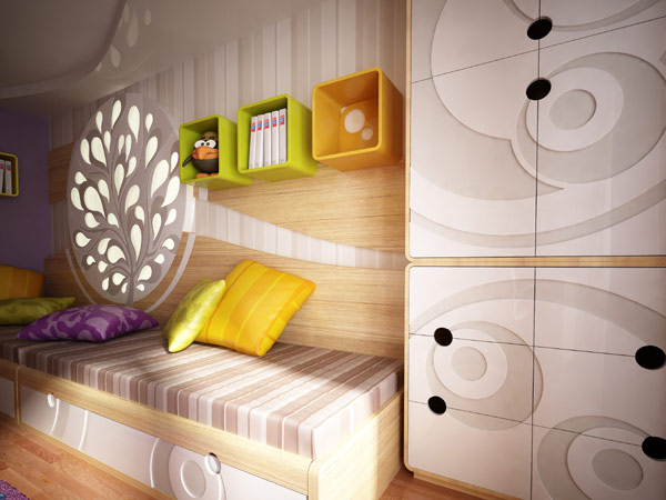 Kids bedroom design look with bright color colored textures-7