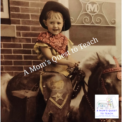 A Mom's Quest to Teach logo; little girl on a pony; sepia tone photo