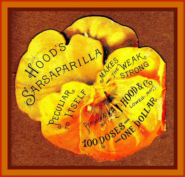 Text on Pansy is "Hood'sSarsaparilla, Peculiar to Itself, Makes the Weak Strong, Prepared by C.I. Hood & Co., Lowell MA, 100 Doses One Dollar