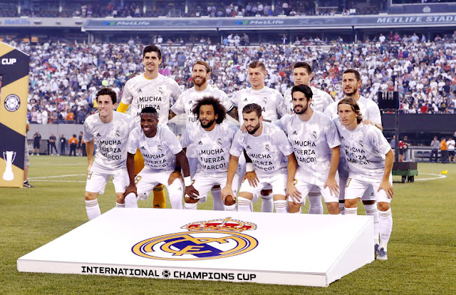 REAL MADRID C. F. Temporada 2019-20. Courtois, Sergio Ramos, Toni Kroos, Jovic y Hazard; Odriozola, Vinicius, Marcelo, Nacho, Isco y Modric. REAL MADRID 3 (Nacho, Benzema, Javi Hernández) CLUB ATLÉTICO DE MADRID 7 (Diego Costa 4, João Félix, Ángel Correa, Vitolo). 26/07/2019. Partido amistoso de la International Champions Cup. East Rutherford, New Jersey, Estados Unidos, MetLife Stadium.