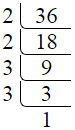Prime factorization of 36 by division method.