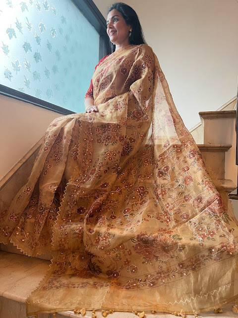 Introducing our exquisite Gold Tissue Kota Silk Hand-Embroidered Sare