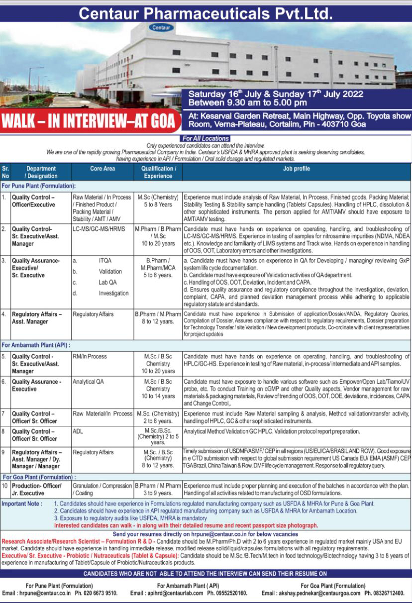 Job Available's for Centaur Pharmaceuticals Pvt Ltd Walk-In Interview for MSc Chemistry/B Pharm/ M Pharm/ BSc