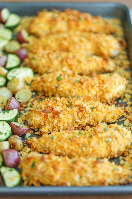 No one will ever believe that these crisp chicken fingers are completely baked and cooked on ONE PAN with veggies!