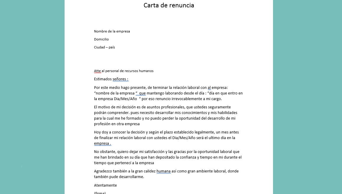 Carta de renuncia laboral ejemplo