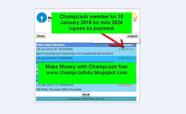 Champcash member ko mila 18 January 2016 ko 3526 Rupees ka payment-see screenshot