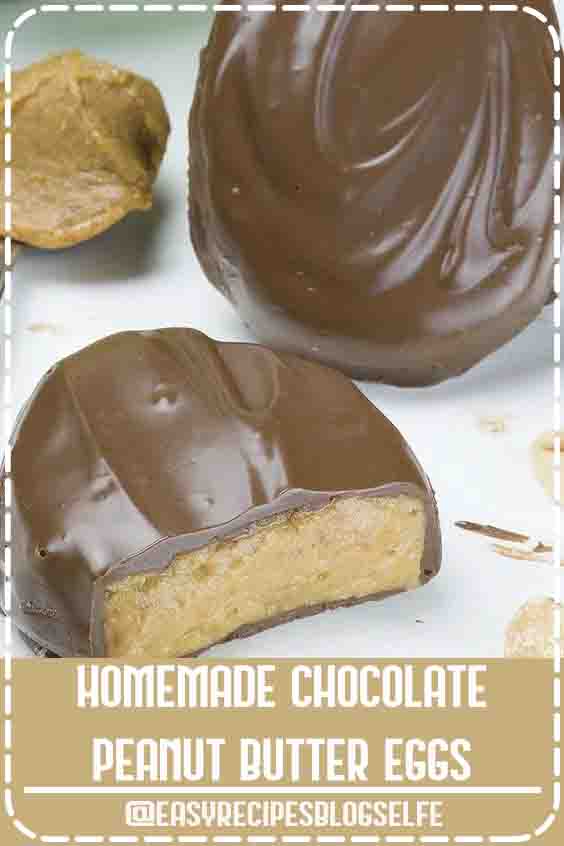 Homemade Chocolate Peanut Butter Eggs - simple, quick and easy no bake dessert recipe with peanut butter and chocolate is perfect idea for Easter treat.These Chocolate Peanut Butter Easter Eggs are a homemade copycat version of Reese's Peanut Butter Eggs, an Easter favorite. Real fun and easy Easter treat! #EasyRecipesBlogSelfe #reeseseggs #eastereggs #peanutbuttereggs #peanutbutterrecipes #reeses #easter #chocolate #EasyRecipesTreats #simple