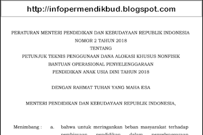 Permendikbud Nomor 2 Tahun 2018 Tentang Petunjuk Teknis Penggunaan DAK Nonfisik BOP PAUD Tahun 2018