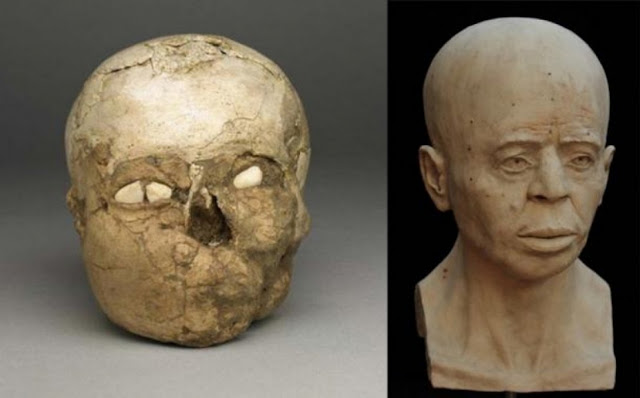 Слева: неолитический череп из Иерихона в коллекции Британского музея. Справа: лицевая реконструкция иерихонского черепа. (Британский музей)