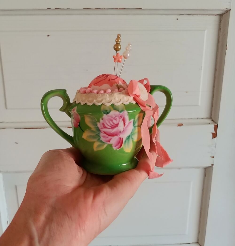 Upcycled Sugar Bowl Pincushion