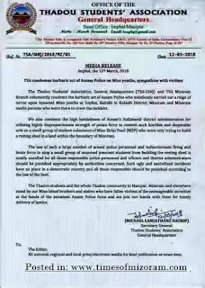 THADOU STUDENTS' ASSOCIATION PRESS RELEASE ON MIZORAM-ASSAM 