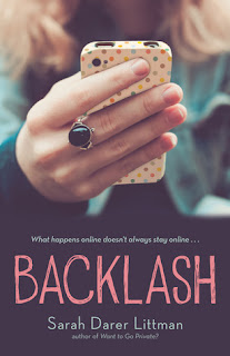 Book cover, 'Backlash' by Sarah Darer Littman. Cover image depicts close-up view of a girl's hand, holding a multi-color polka-dot-patterned mobile phone. The girl has a silver ring with a large green circular stone on one finger. Her skin is beige, and in out-of-focus background, she has reddish-blond hair and is wearing blue.