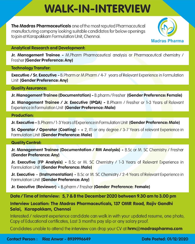 Madras Pharmaceuticals | Walk-in for Production/QC/QA/R&D/TT on 5, 7 & 8th Dec 2020