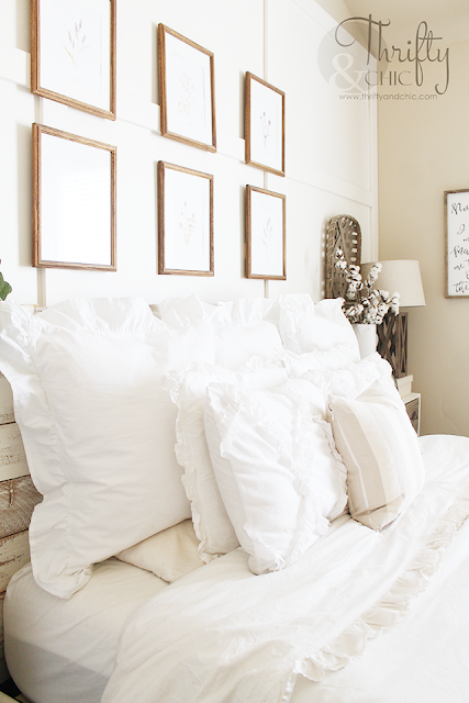 Favorite white ruffle euro shams. Best farmhouse pillows. Cottage pillows. Farmhouse bedroom decorating ideas. Neutral bedroom decor. White bedroom decor. Cottage bedroom decor