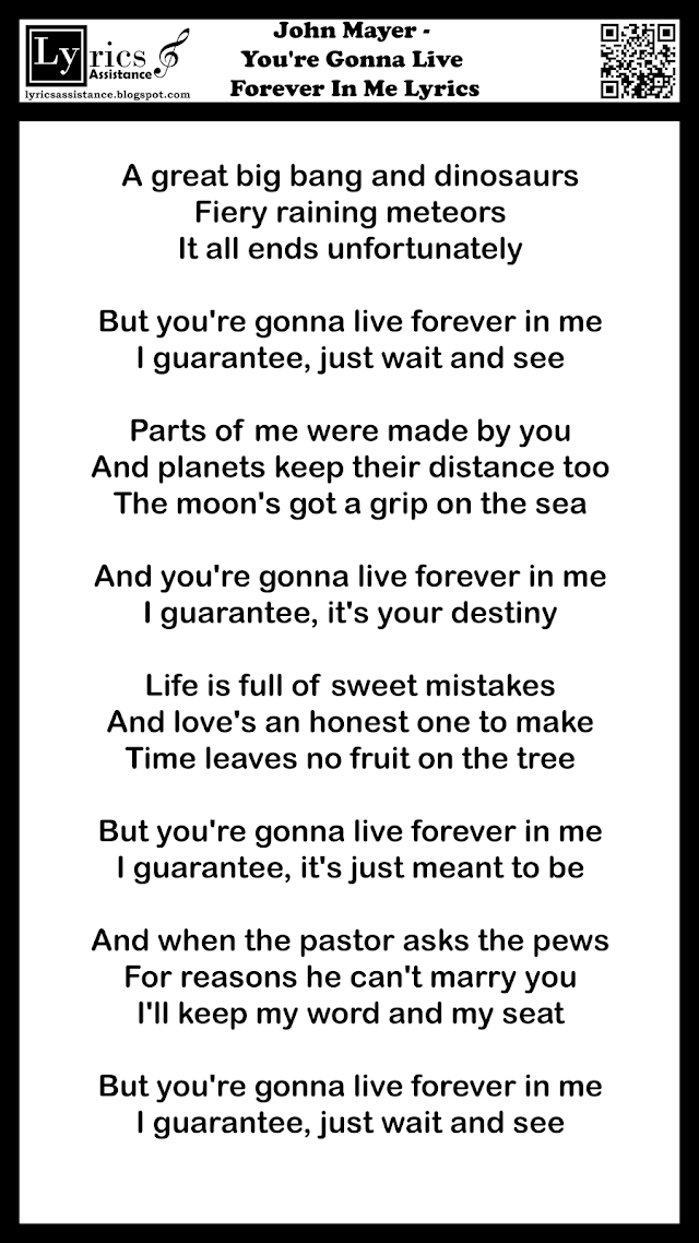 John Mayer - You're Gonna Live Forever In Me Lyrics | lyricsassistance.blogspot.com