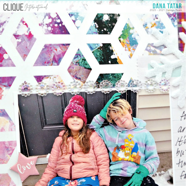 How to Embellish a Snow Day Picture with Iridescent Rhinestone Trim for a Scrapbook Layout