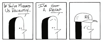 If you've missed us recently, I've got a re-cap. Final panel features a penned guin wearing a baseball cap with RE written on