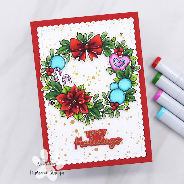 Holiday Wreath Stamp and Die Set illustrated by Agota Pop, Holly Jolly Sequin Mix by Pawsome Stamps #pawsomestamps #handmade