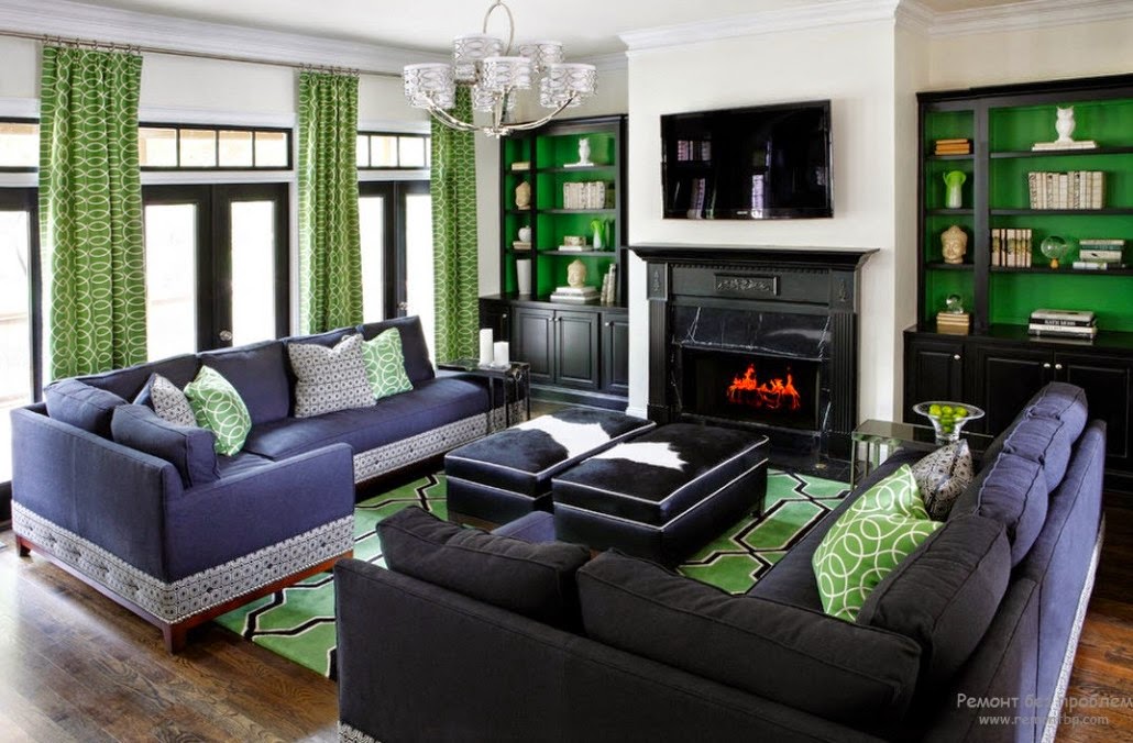 Green Living Room Curtains Combined With Gray Furniture 