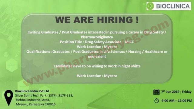 Bioclinica | Walk-in interview for Pharmacovigilance | 7th June 2019 | Mysore