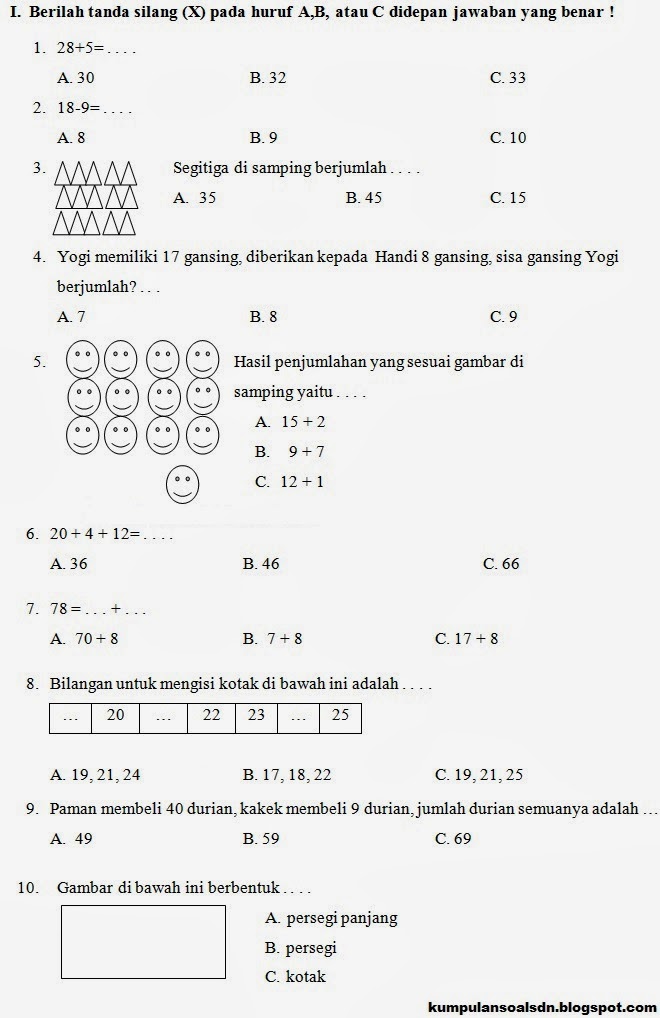 Prediksi Matematika Kelas 1 SD UKK Semester 2 TA 2013/2014 